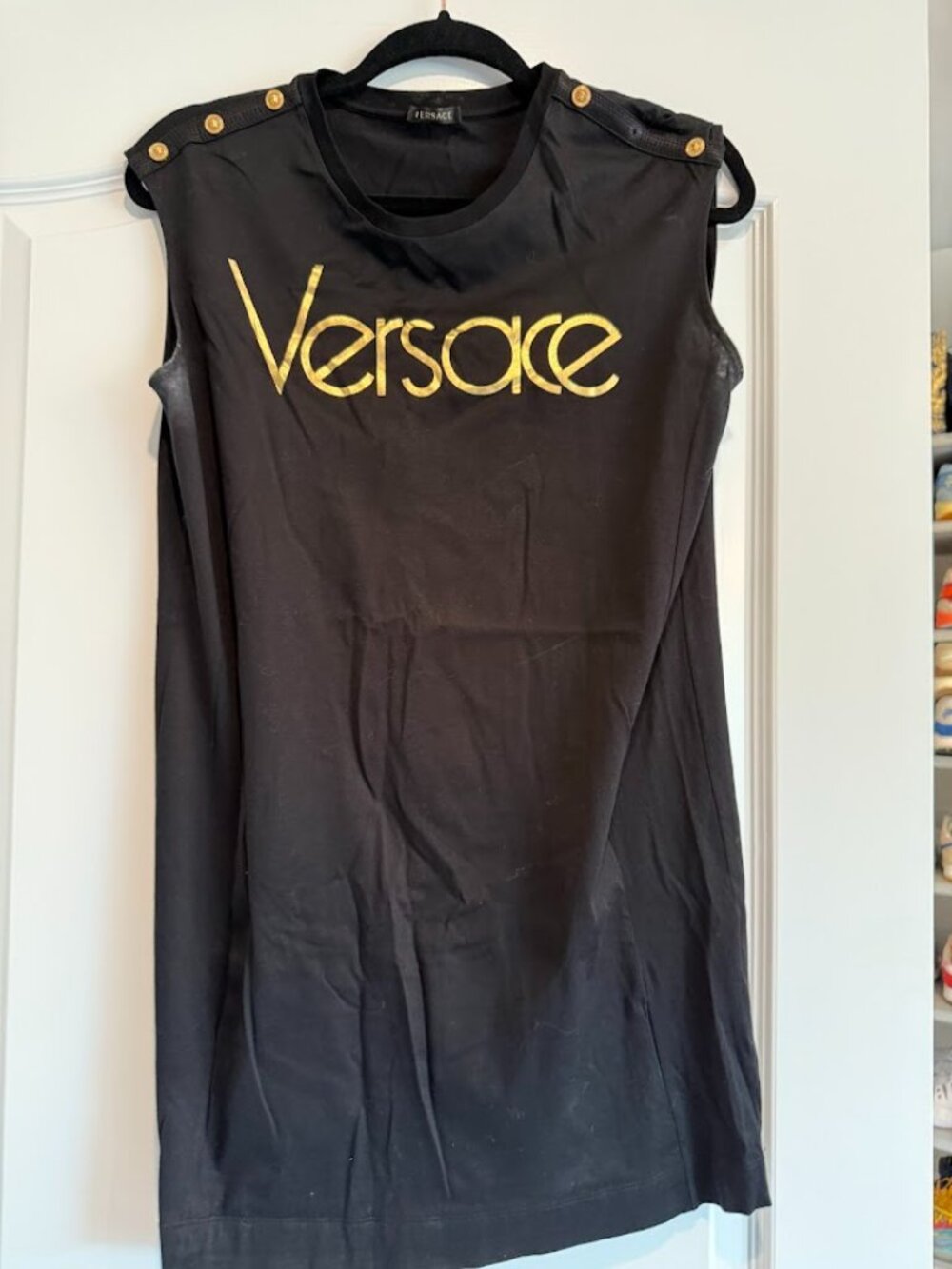 Versace Black Sleeveless Mini Dress with Gold Logo & Buttons | Size S